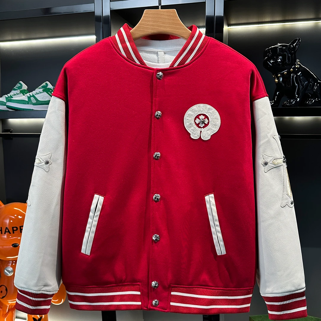 景君澜欧货秋冬季高定刺绣美式复古卫衣外套男潮牌贴皮夹克棒球服