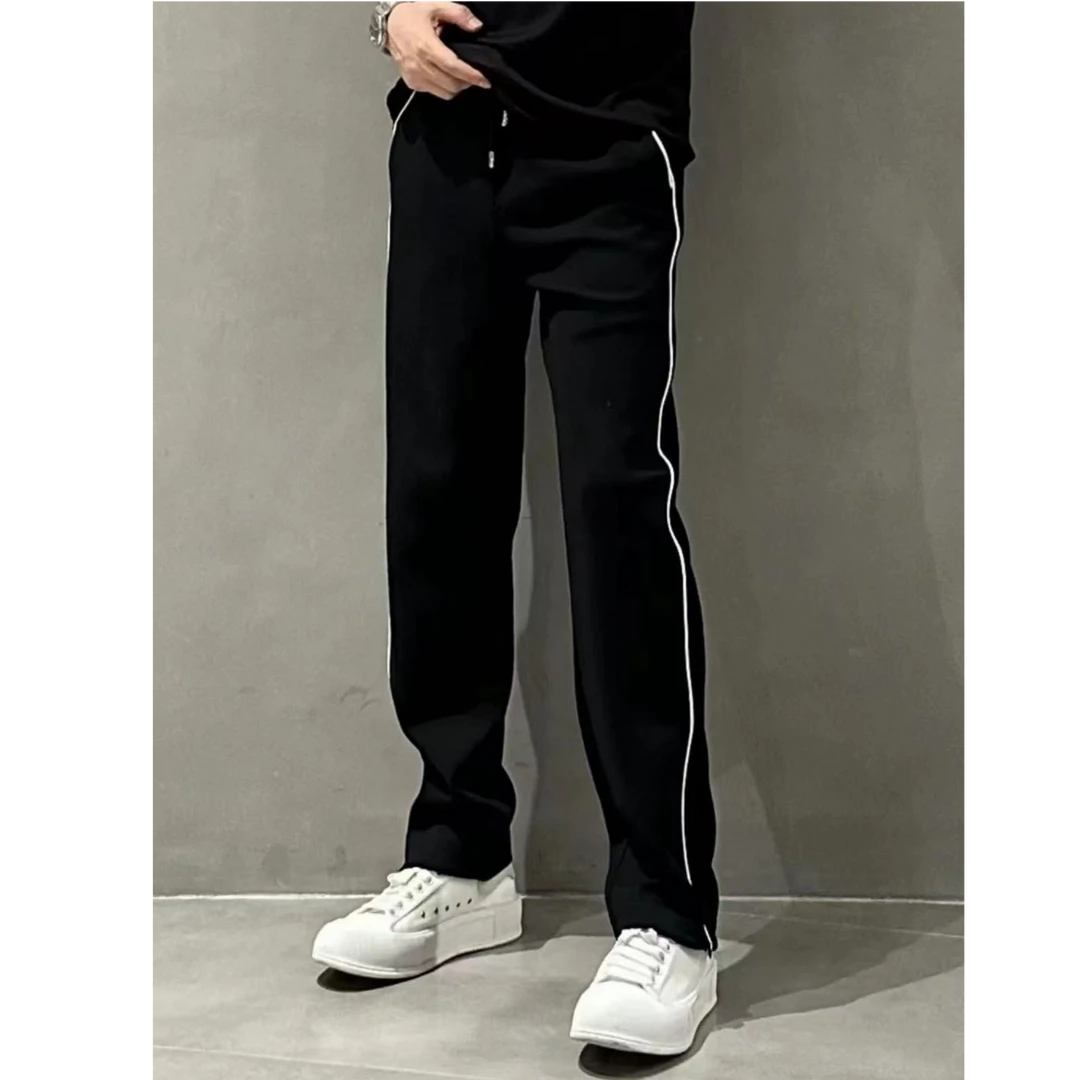 秋季新款线条拼接休闲裤男士百搭潮流拉链直筒裤轻奢宽松运动长裤