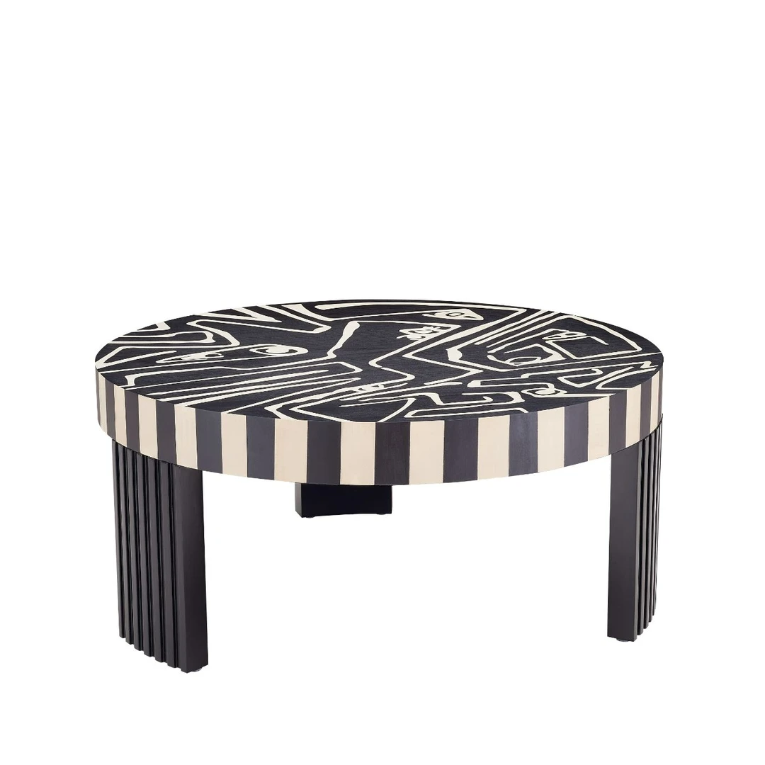 时尚创意天然木皮镶嵌拼花达达艺术装饰美学意式圆茶几家用客厅