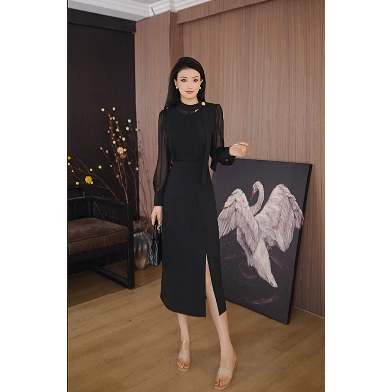 2025春夏中长款修身显瘦裙长新款连衣裙袖套头气质优雅知性淑女