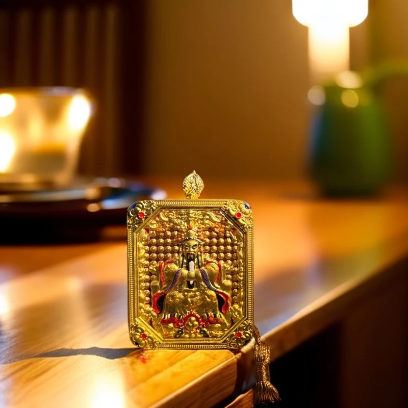 铜合金项坠-五路财神之首黄财神+五爷双面浮雕唐卡吊坠祝福+绳子