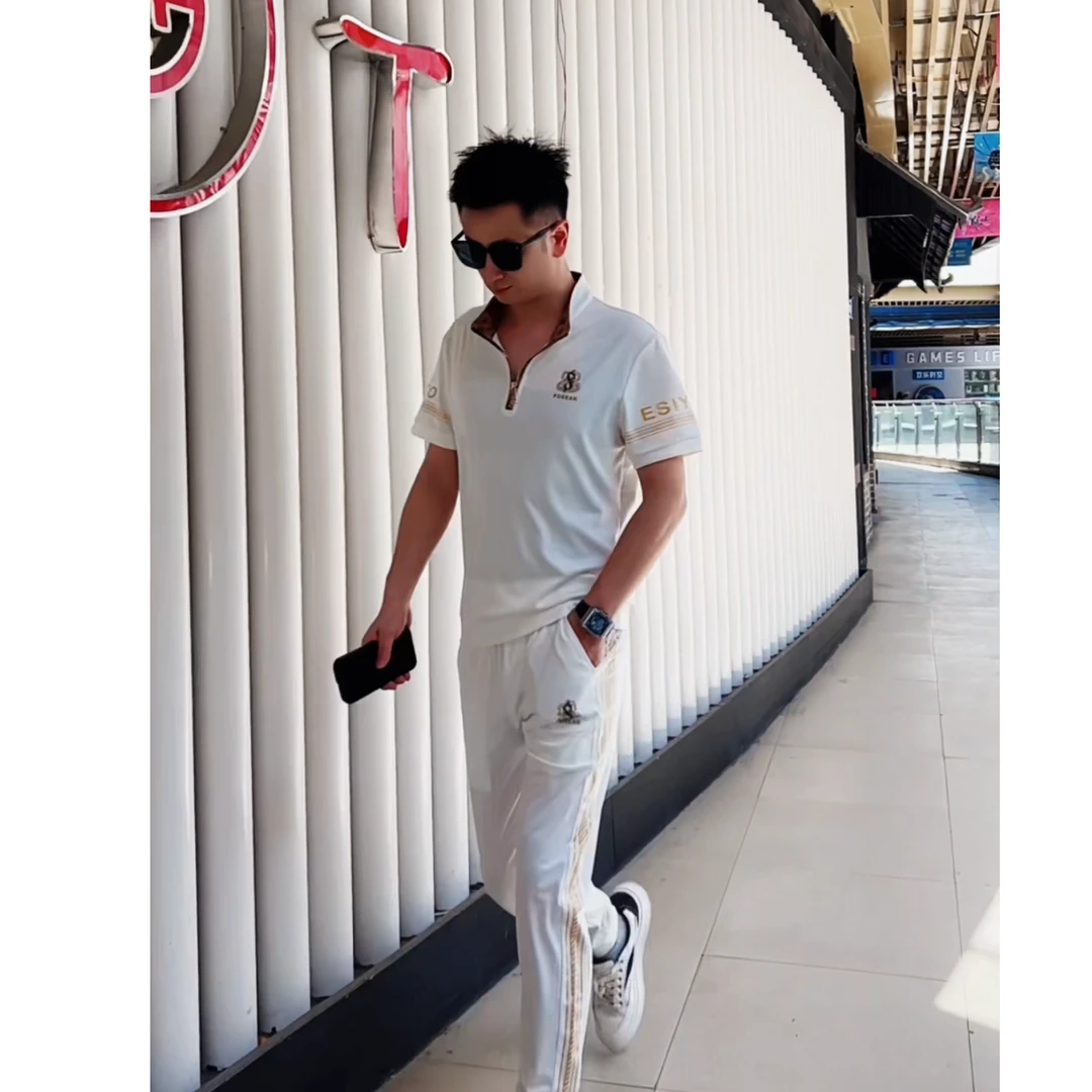 2025夏季新款休闲半袖两件套轻奢时尚立领高品质男士潮流百搭套装