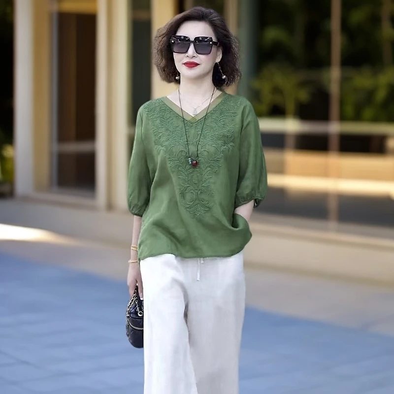 GPTSu苎麻大码套装中年妈妈洋气亚麻新款两件套高端夏季时尚女士