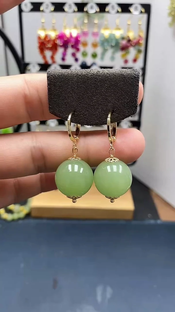 和田玉银S925镀金镶嵌耳饰尺寸16mm耳扣33