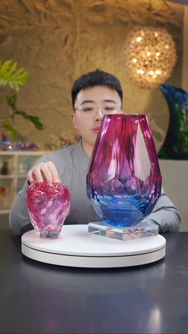 手工艺品琉璃设计款金紫色切面花器+香薰瓶+底座