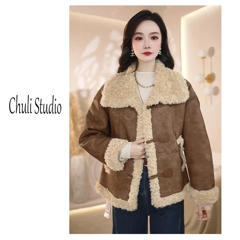 【ChuLi】褐色奶fufu毛绒大翻领短外套女2025秋冬季新款复古大衣