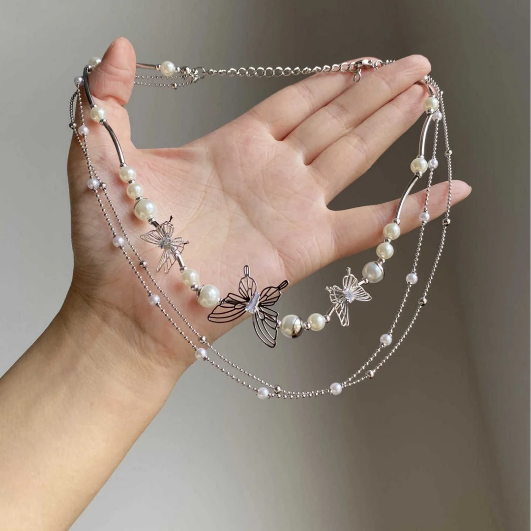 铜合金琉璃项链双层叠戴蝴蝶珍珠2025新款爆款高级感锁骨链古手工