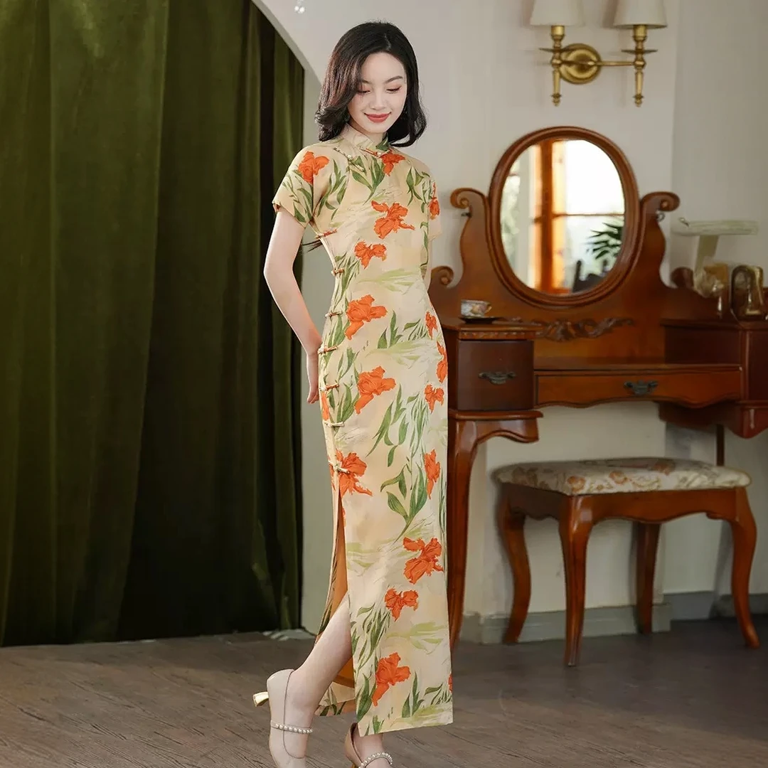 新中式古法全开襟一片式旗袍2025改良气质黄色夏季年轻高级感130