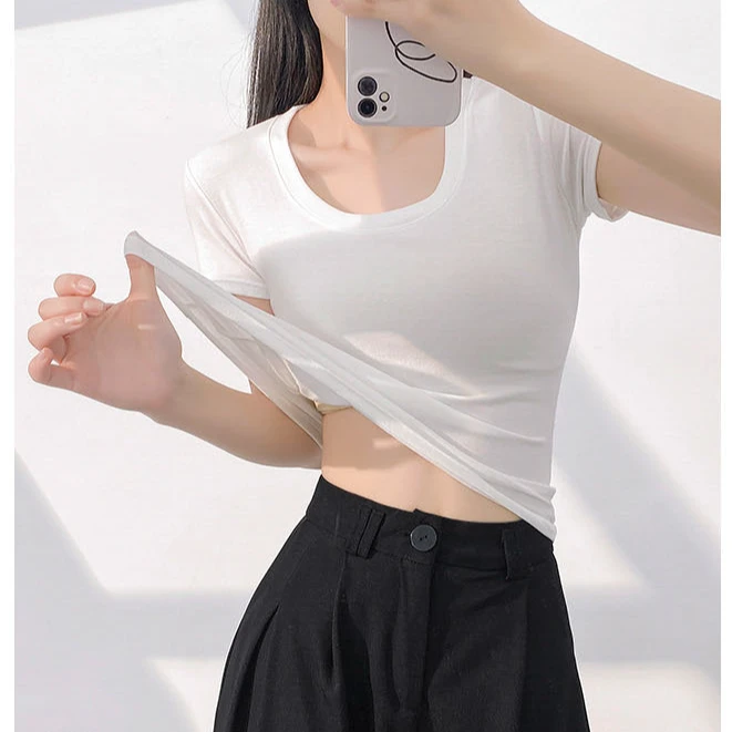韩版修身薄款夏季短袖春夏高街风短款T恤U领纯色紧身圆领露脐