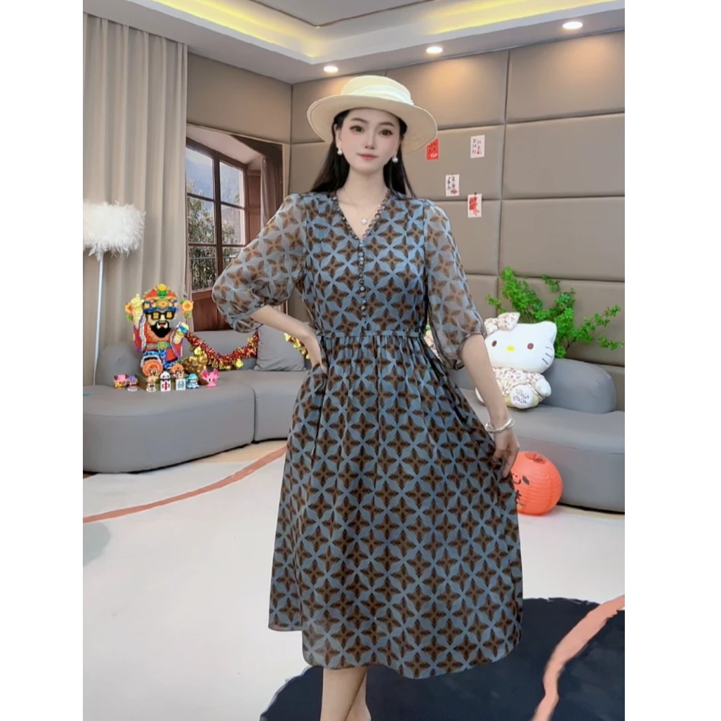 马洛克“蓝夜幻星” V领显瘦时尚休闲气质真丝连衣裙 80102
