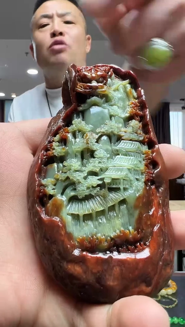 未镶嵌透闪石质玉把件精品山水