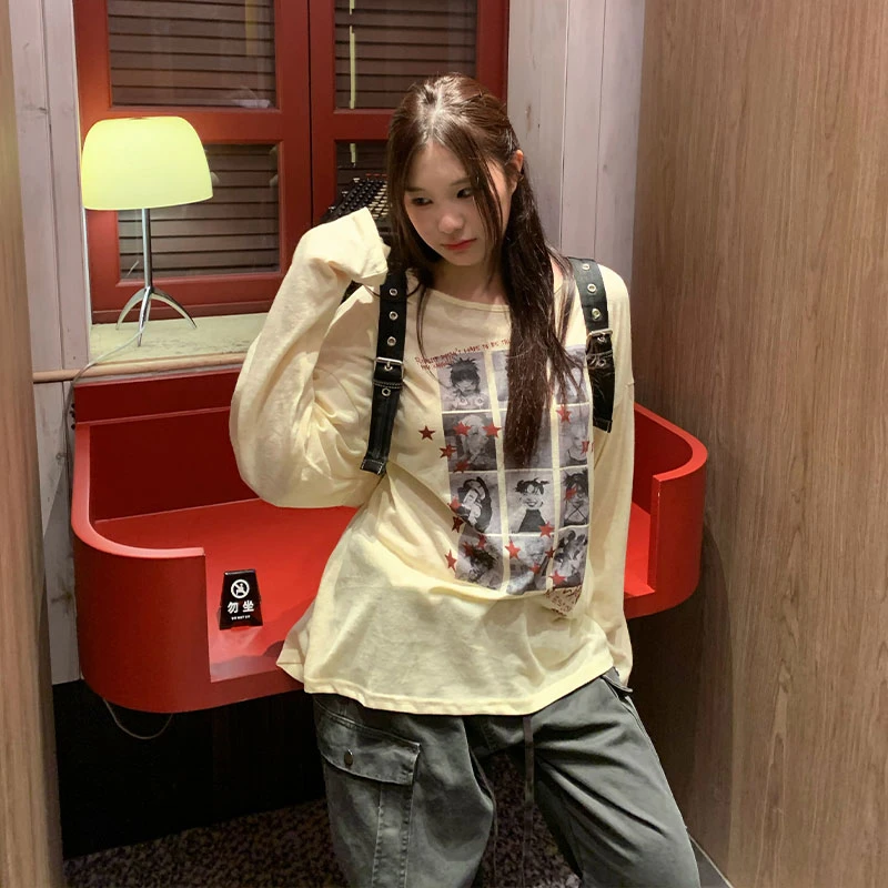 饭饭又饿了美式复古印花长袖t恤女春季薄款防晒透气宽松显瘦上衣