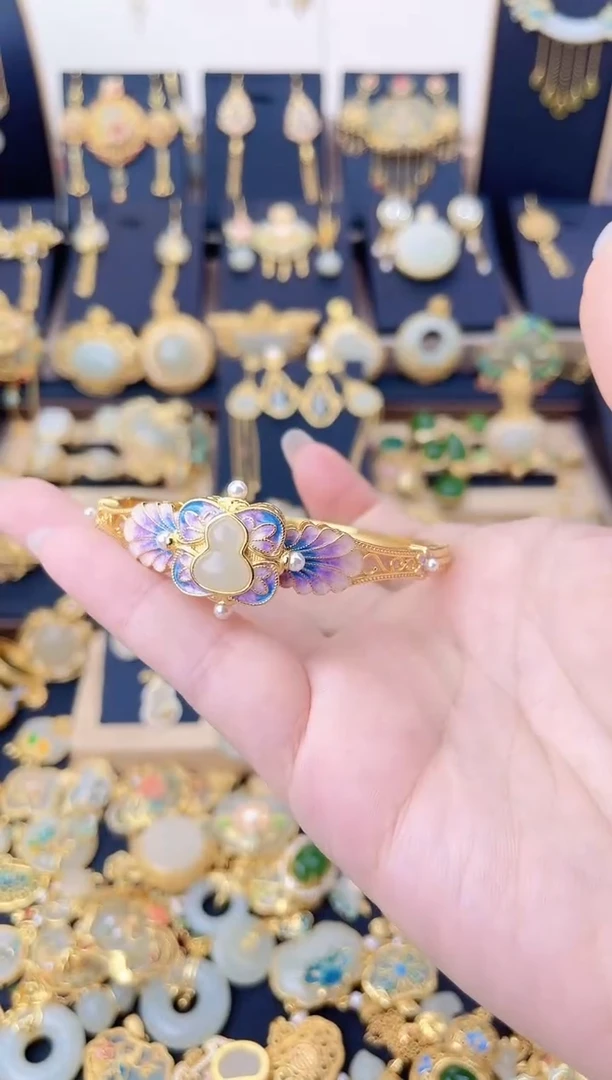 项圈银S925镀金镶嵌和田玉珐琅紫葫芦手镯