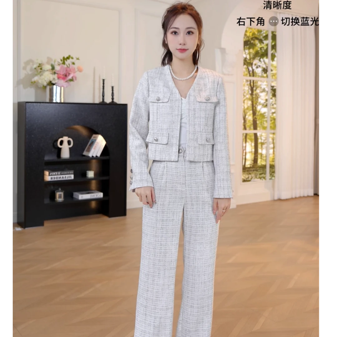 思思小个子服装【春款高级感小香风长袖上衣阔腿裤套装】#25F103