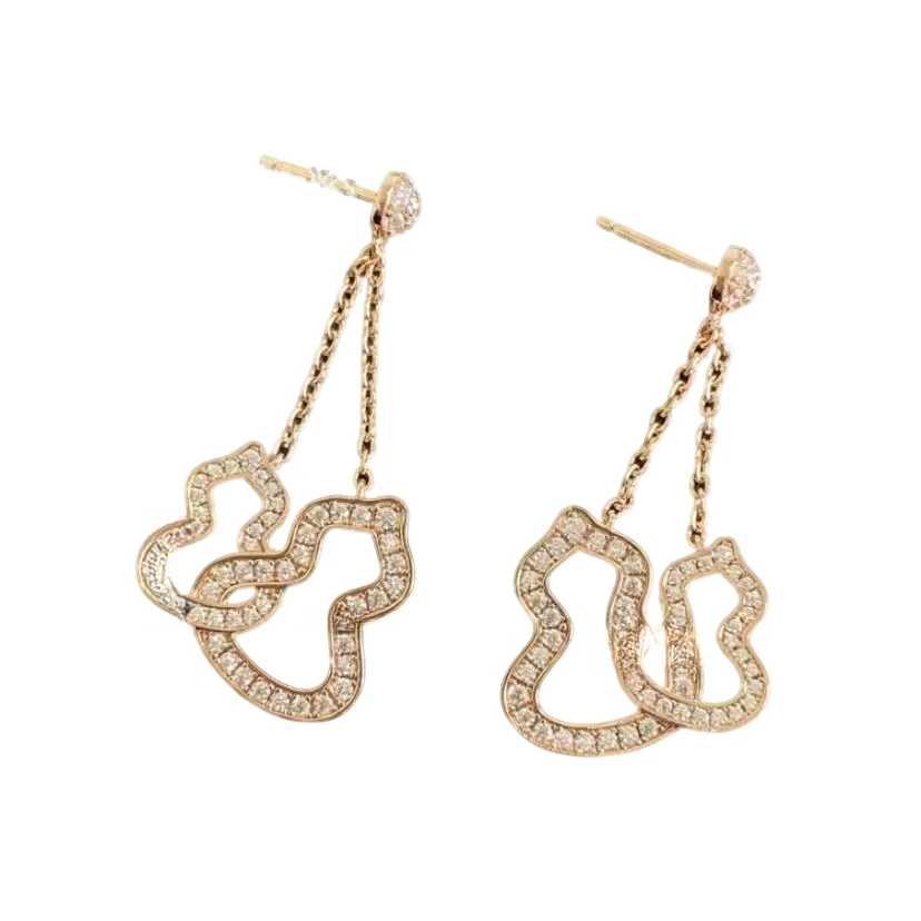 合金耳饰 镀 K金 葫芦耳钉高品质CNC双葫芦玫瑰如意长命锁耳环