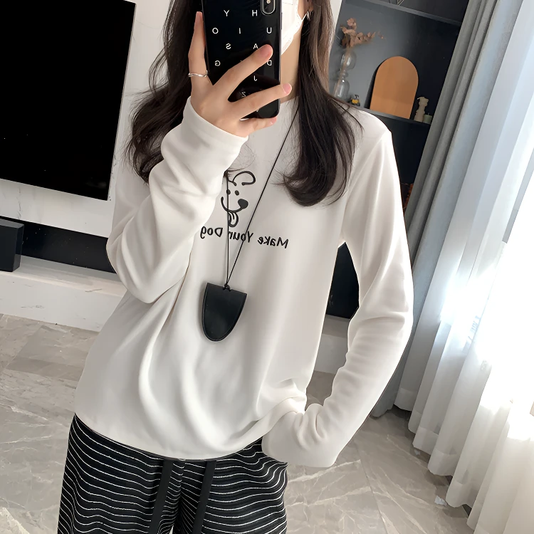 店主自留~加绒保暖圆领白色内搭2024冬新百搭长袖打底T恤女卡通潮