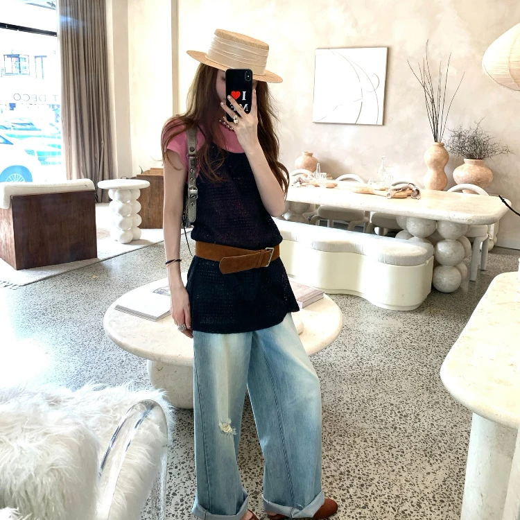 aaaaxbbb 卡萨布兰卡盐 水洗不规则破洞牛仔裤女宽松复古做旧长裤