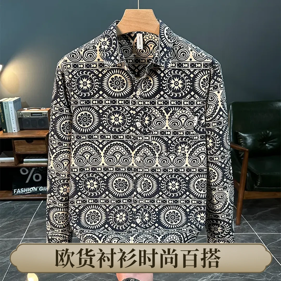 英伦雅痞印花长袖衬衫2025春秋新款上衣痞帅休闲复古100%纯棉衬衣