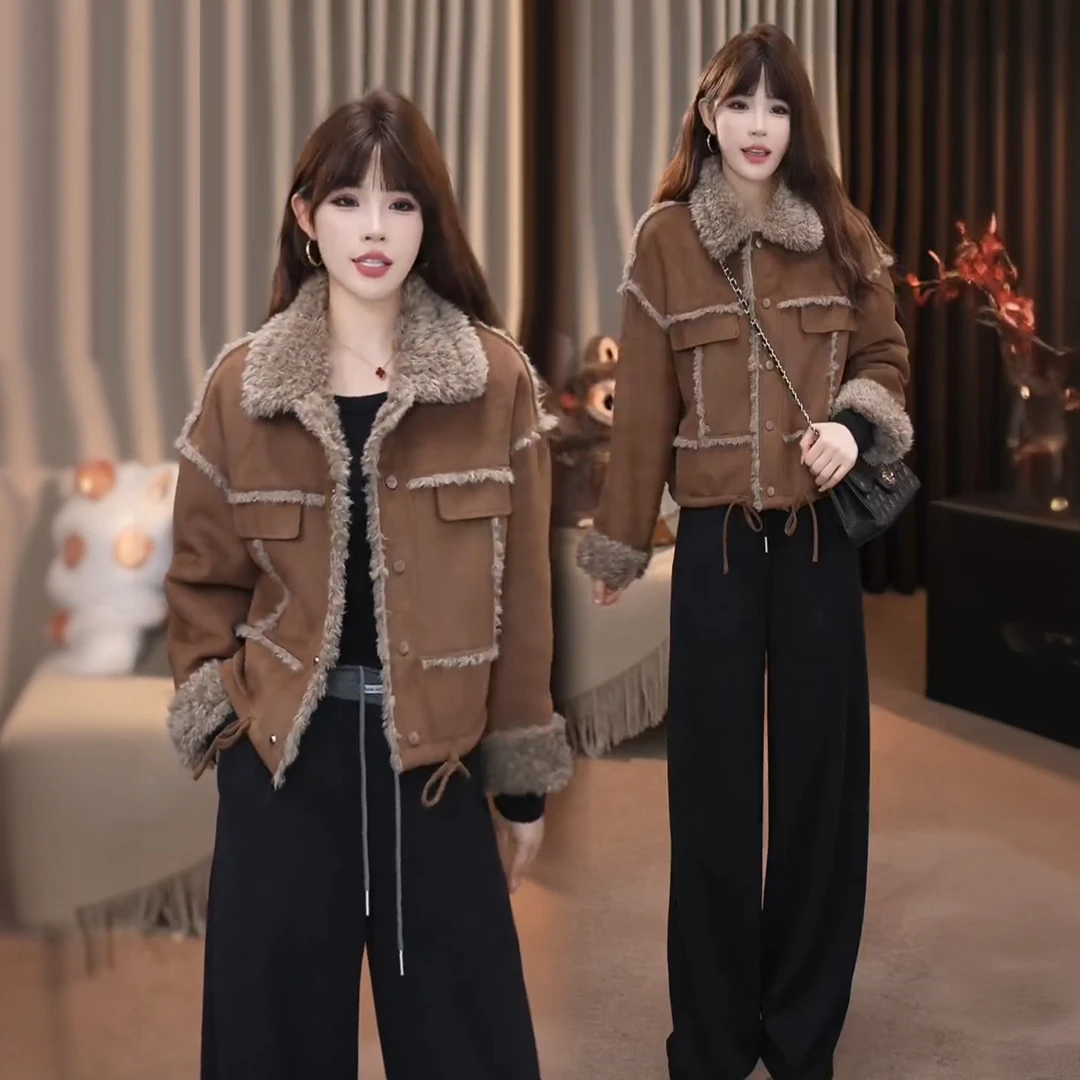 La babite时尚加绒短外套2025秋冬季新款百搭舒适翻领夹克上衣