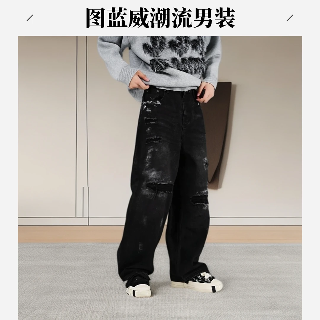 2025设计师早秋新款宽松阔腿高街复古高街擦色烫金牛仔裤直筒裤子