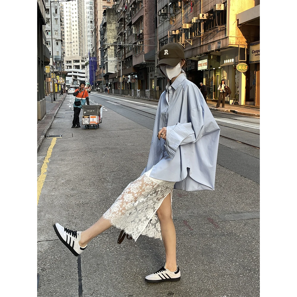 FREEDMST 初恋白月光温柔仙女风优雅镂空后背开衩白色蕾丝半身裙