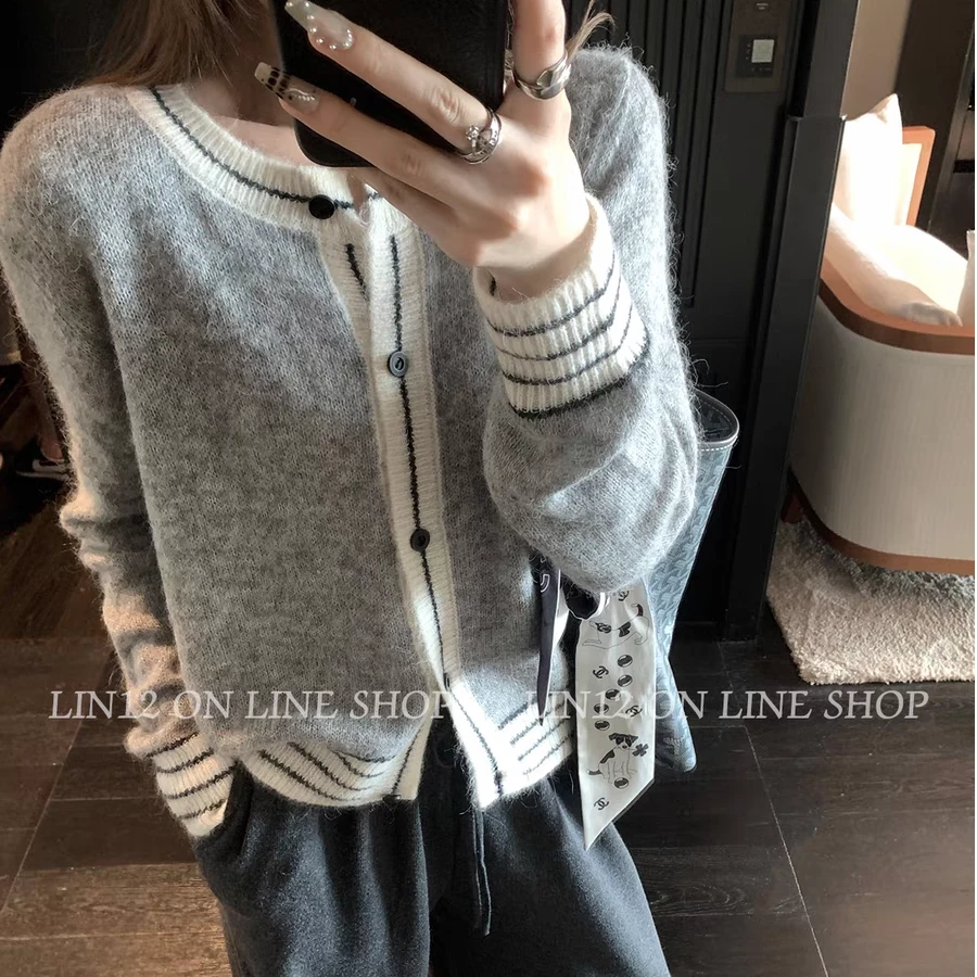 小花 奏响春日序章撞色针织开衫女小众设计感圆领长袖上衣091