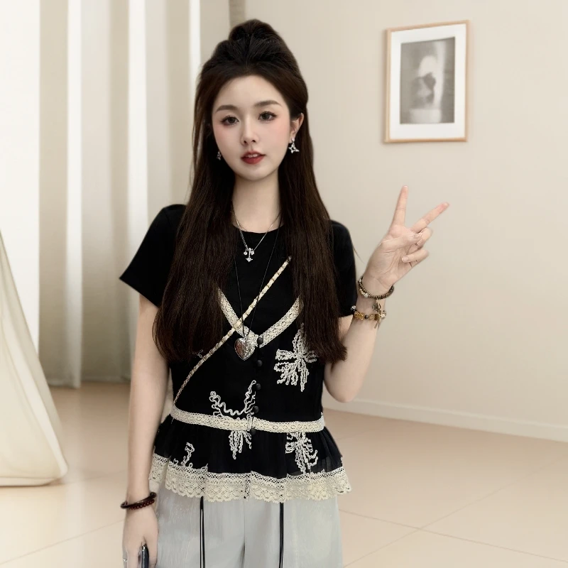 宿慕SUMU夏季洋气衣服设计感假两件小衫2025新款韩版短袖女B1909A