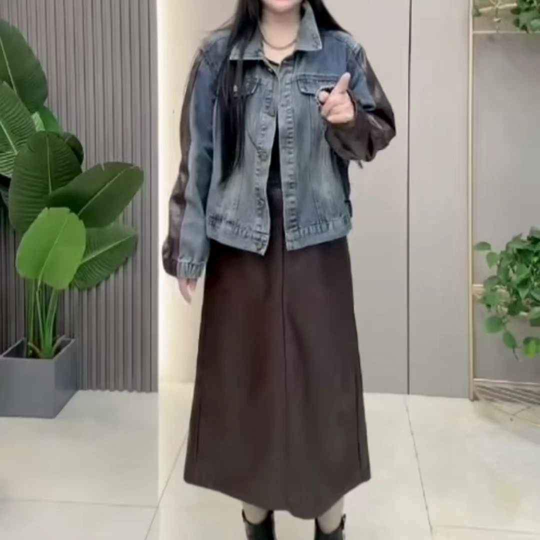 轻奢推荐时尚上衣春季牛仔短款夹克休闲皮裙长款韩版百搭两件套