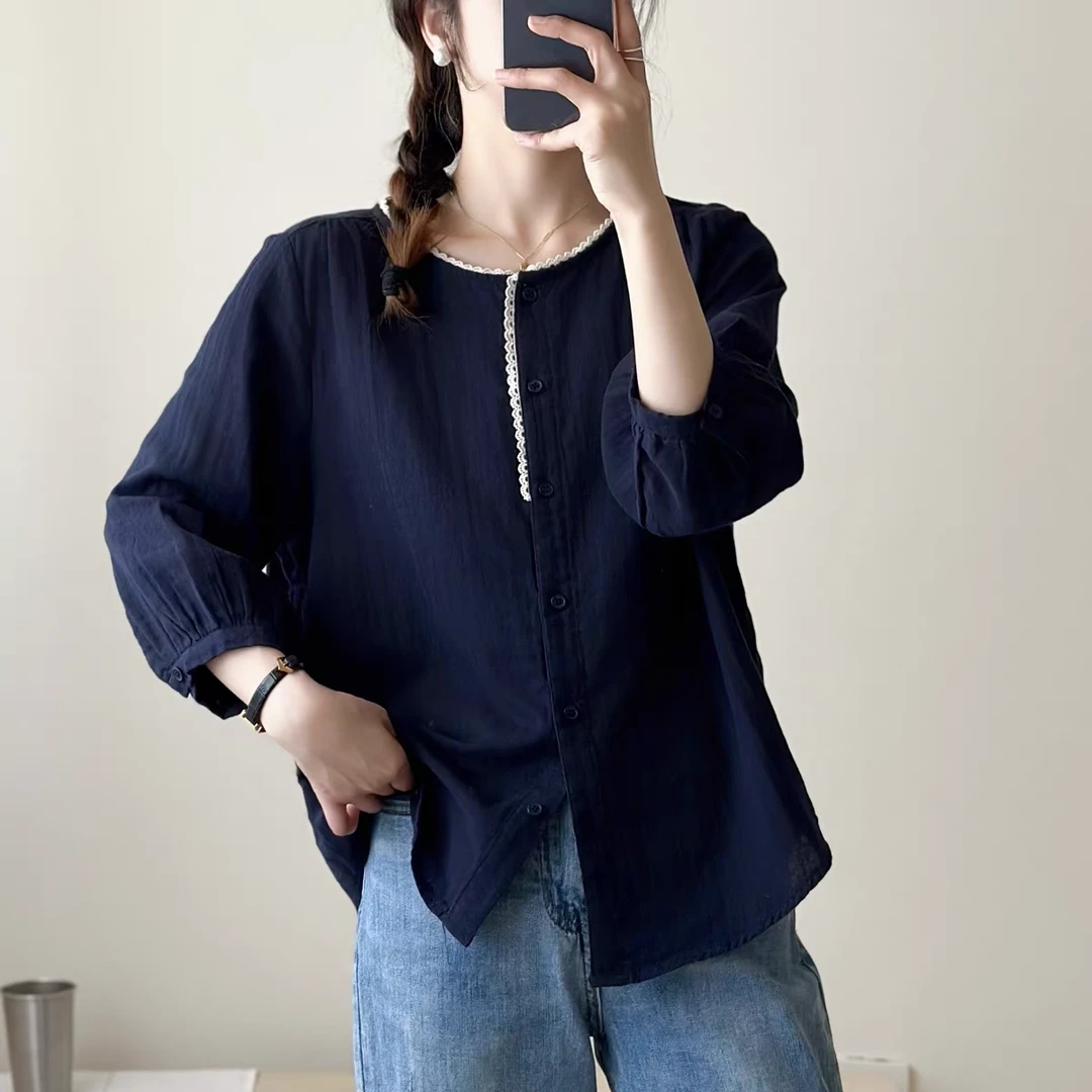 大码女装 胸108-132 7分袖蕾丝花边领拼接百搭衬衣954#