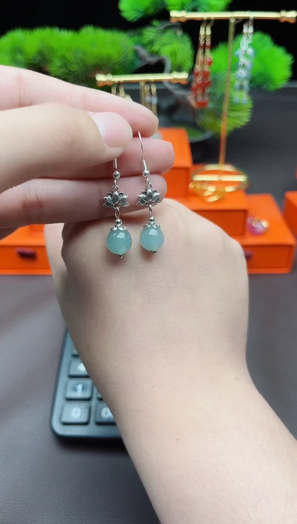 石英质玉（天山翠）银S925镶嵌耳饰237