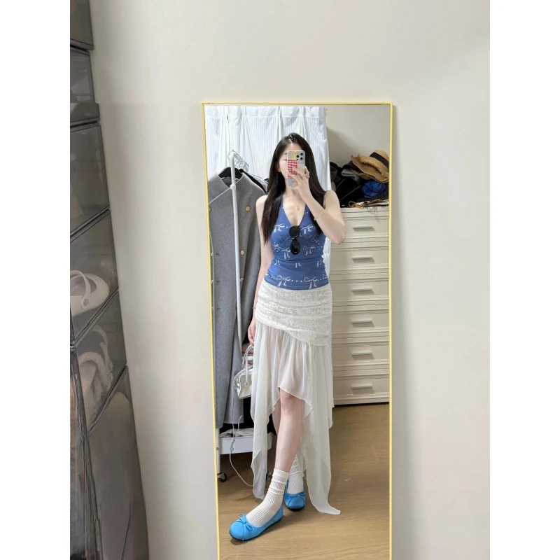 INS CEC韩式蝴蝶结印花吊带背心女不规则网纱短裙夏季两件套装女