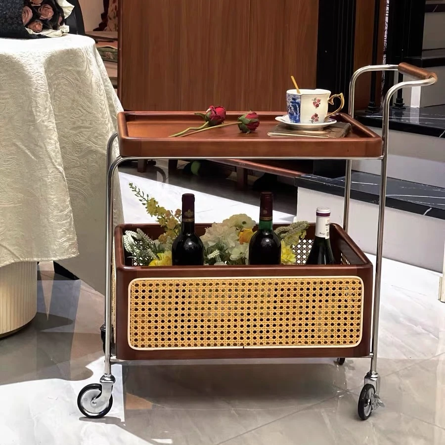 实木移动带轮边几不锈钢收纳中古小推车客厅储物简约茶几家用阳台