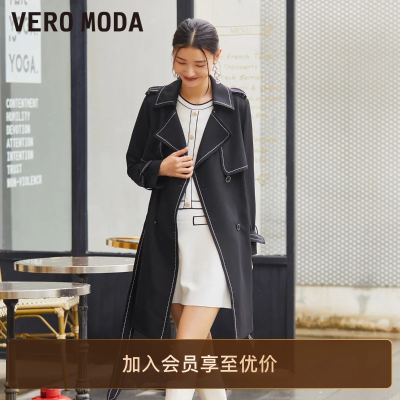 Vero Moda风衣明线装饰双排扣时尚休闲黑色收腰外套女爆款高级感