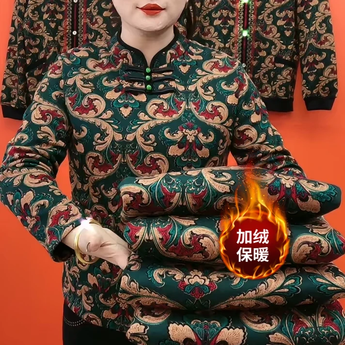 秋冬款女装加绒加厚打底衫2025新款复古风印花中老年妈妈装保暖衣