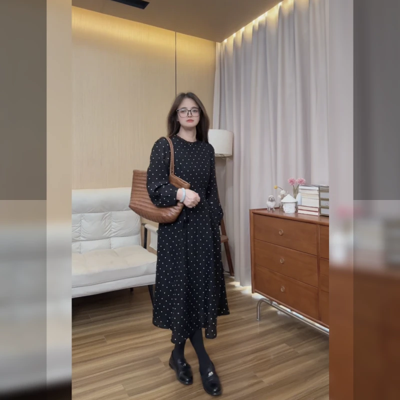 小个子秋冬长袖气质百搭时尚复古法式收腰波点连衣裙0116