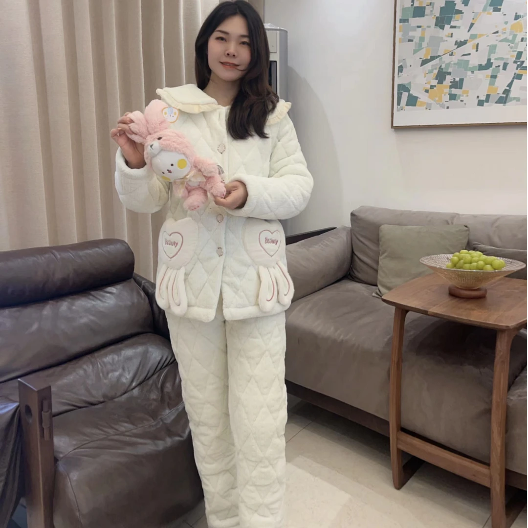 2024新款秋冬季天女士三层夹棉睡衣大码套装珊瑚绒加绒加厚家居服