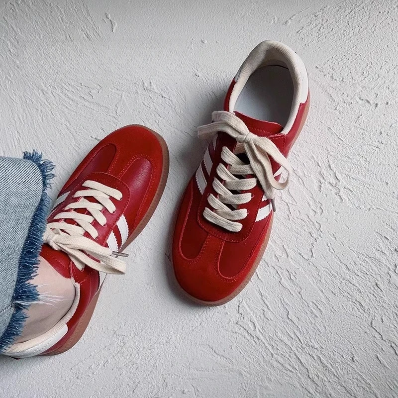 国潮复古红色德训鞋女款2025春秋新款防滑休闲运动鞋时尚平底板鞋