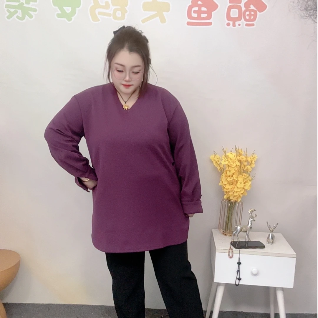 鲸鱼大码#春季宽松百搭心领长袖上衣韩版纯色中长款净版T恤打底衫