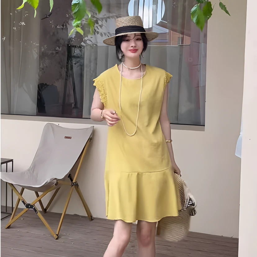 浪漫法式风棉麻裙女2025年夏季新款蕾丝边砍袖圆领纯色高腰A字裙