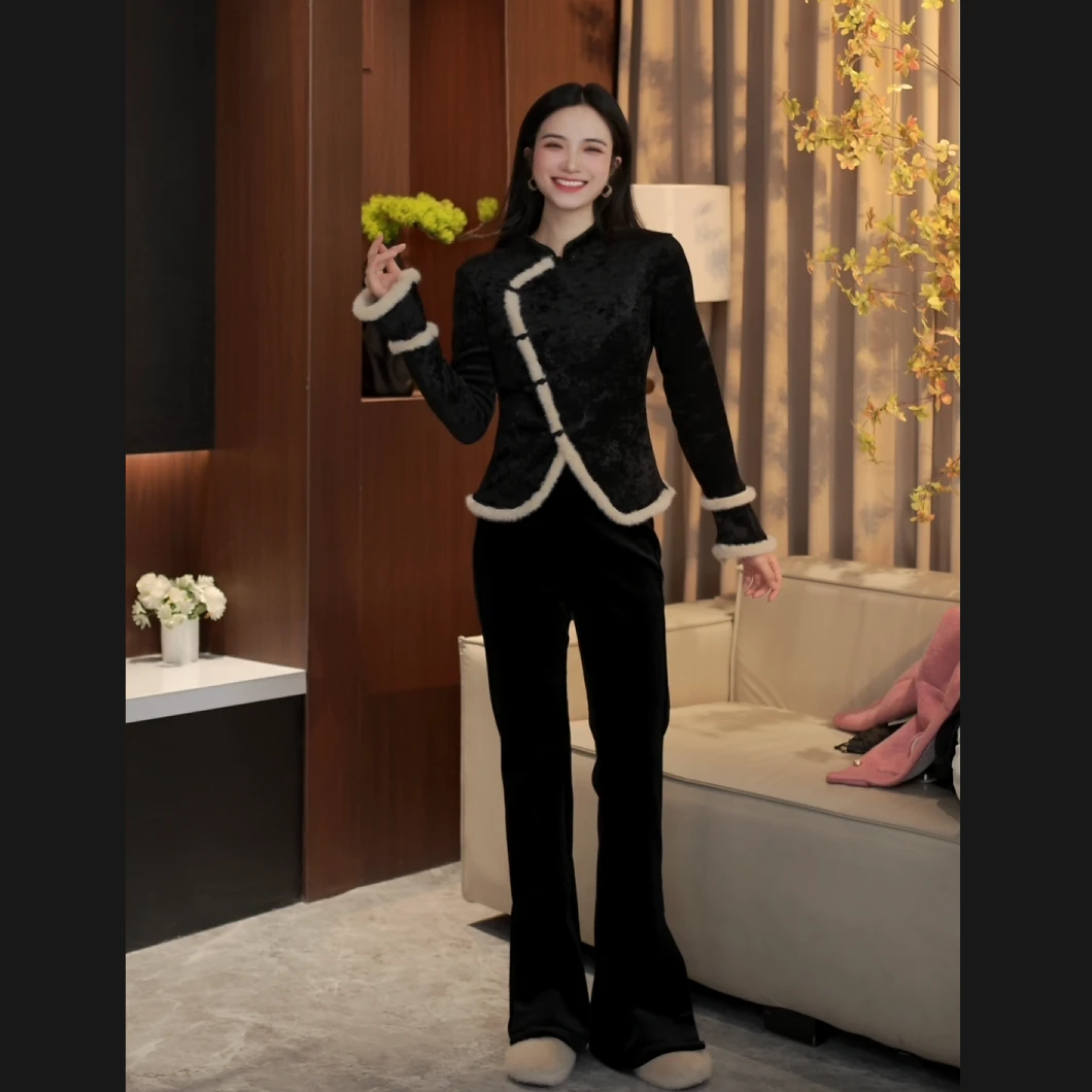 2024秋冬加绒加厚新中式立领开叉黑色丝绒上衣丝绒微喇裤女套装