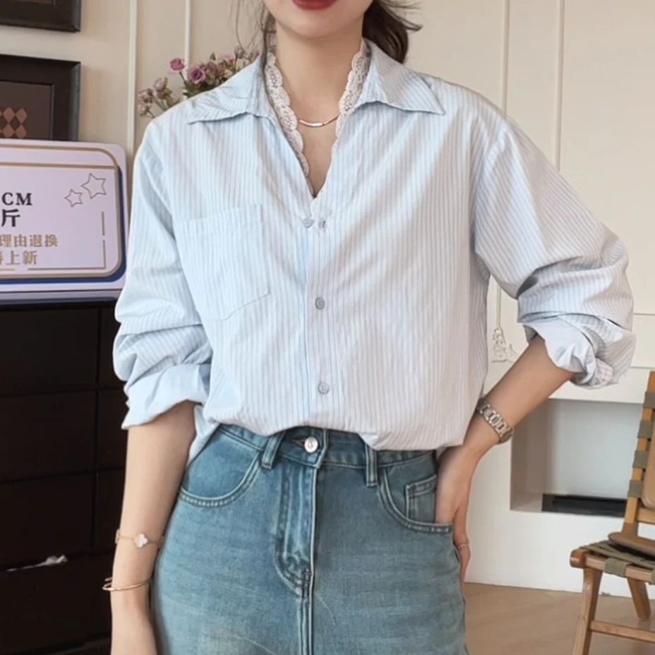 【YHH】春季时尚百搭新款设计感气质蕾丝拼接条纹衬衫-YHW50138