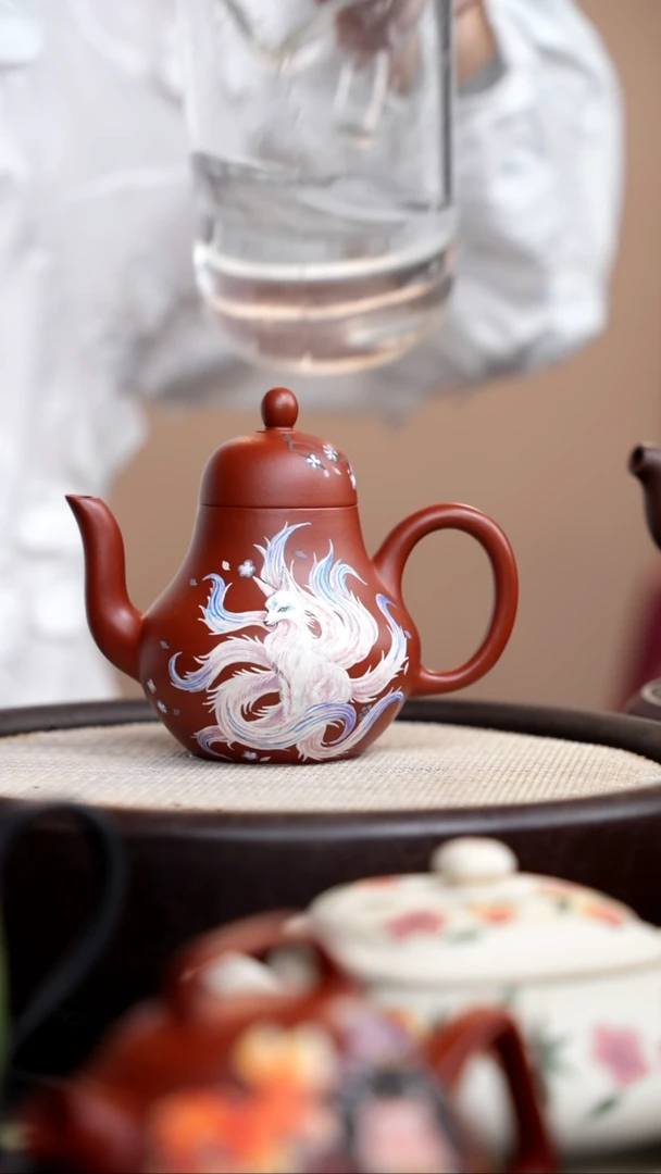 茶壶紫砂朱泥思婷泥绘凤九