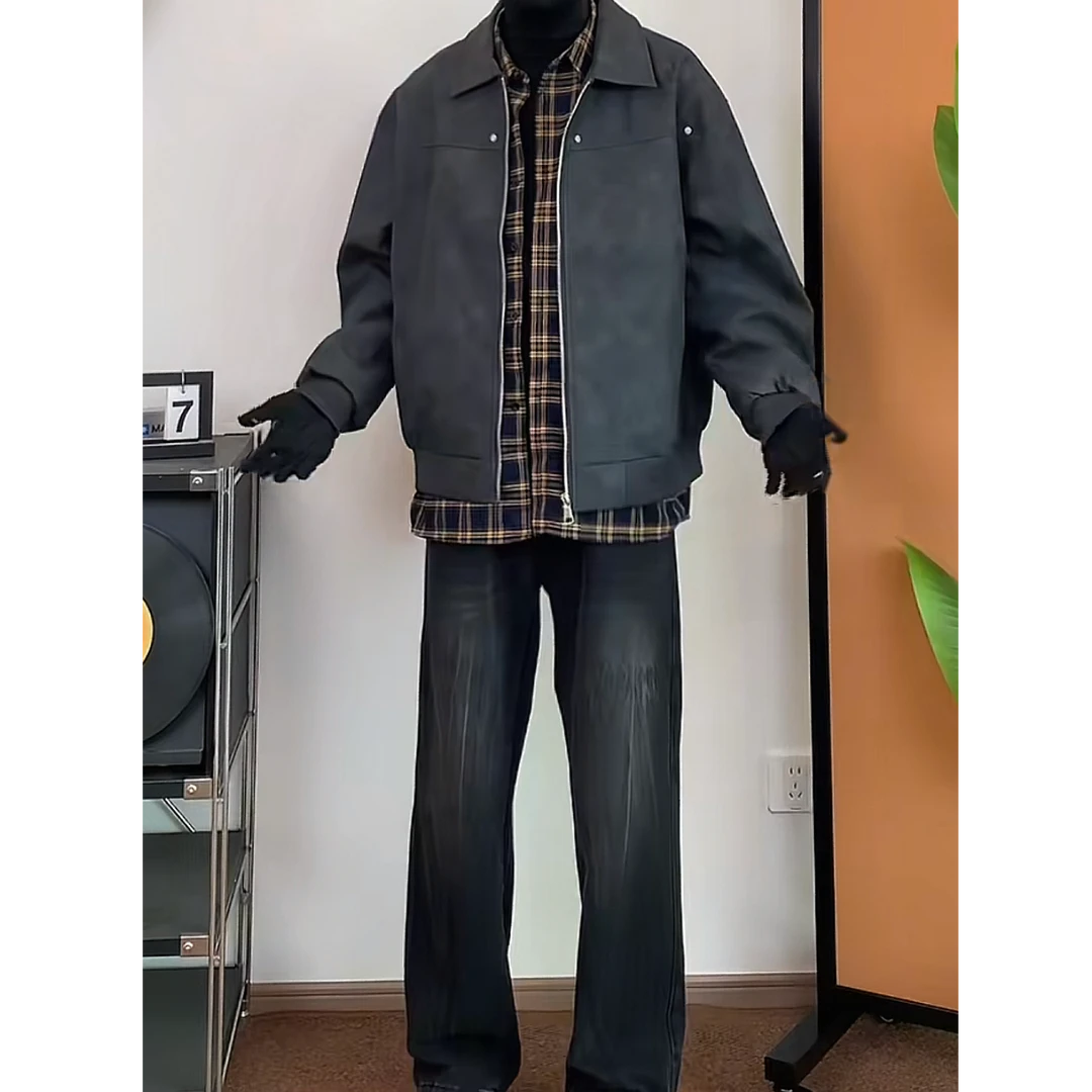 男生秋冬穿搭个性 cleanfit 小众高级感高知感外套牛仔裤套装9