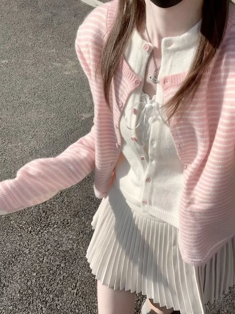 韩系粉色条纹假两件针织开衫女宽松外搭毛衣外套秋冬季穿搭上衣