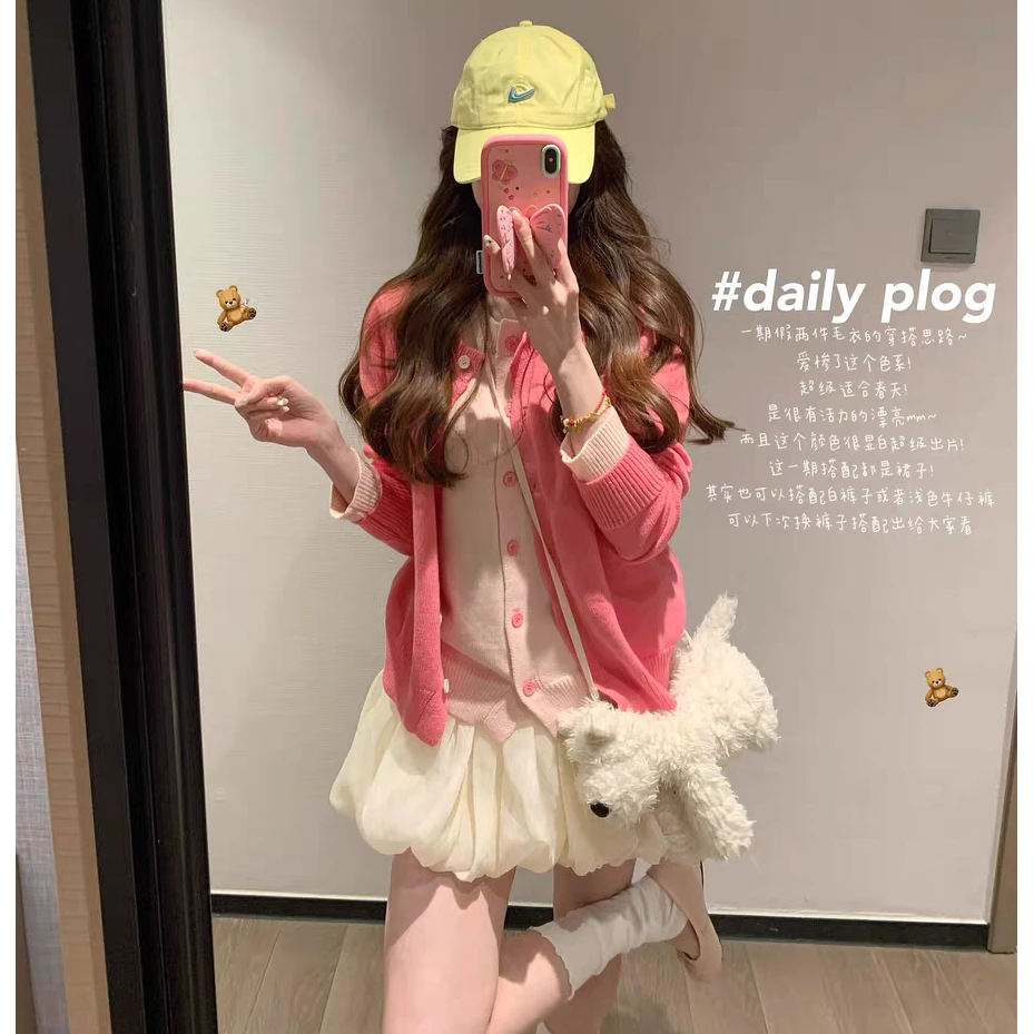 开春穿搭粉色假两件针织毛衣开衫女春秋季2025年新款韩系外搭上衣