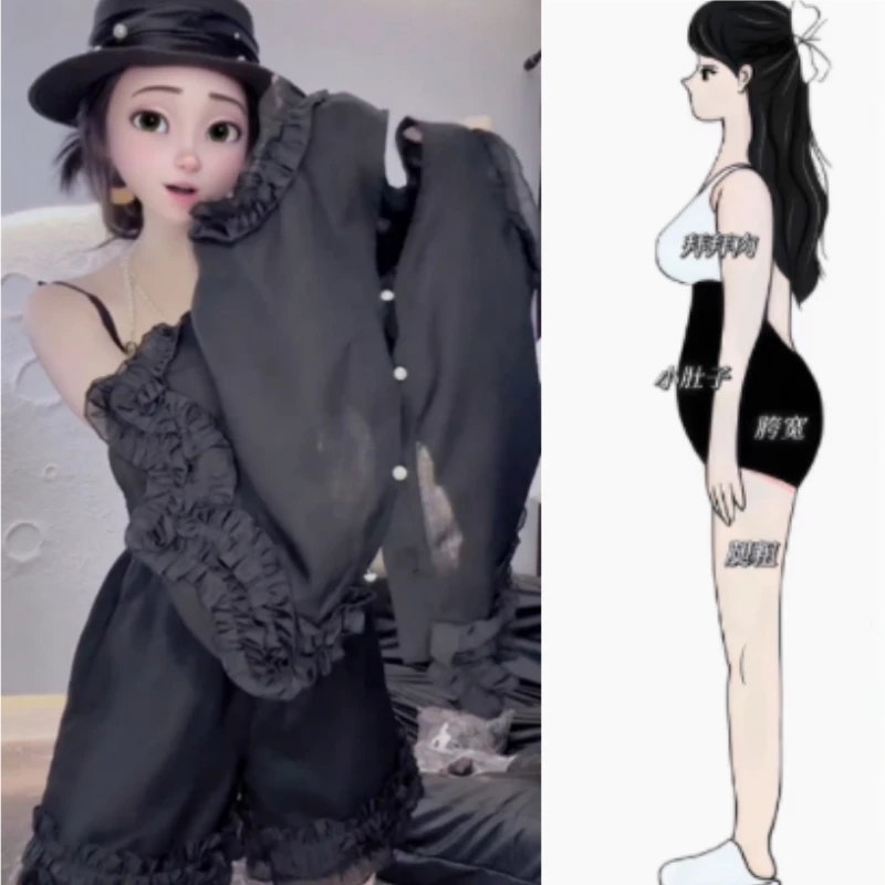 法式赫本风轻薄黑色木耳边无袖夏新款气质时尚减龄上衣短裤两件套