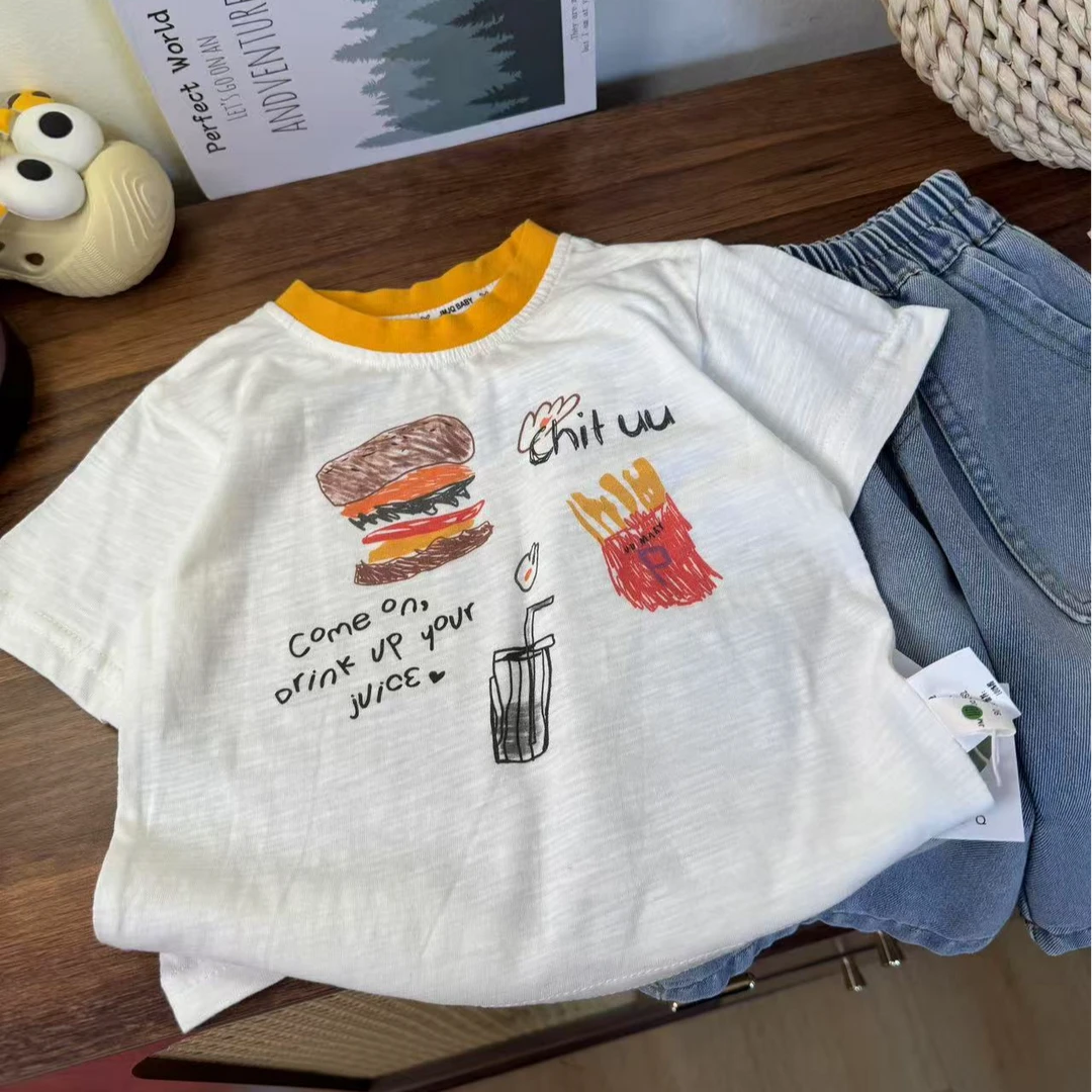 断码YM【JMJQ 25096】夏季宝宝新款儿童手绘汉堡薯条印花套头短袖