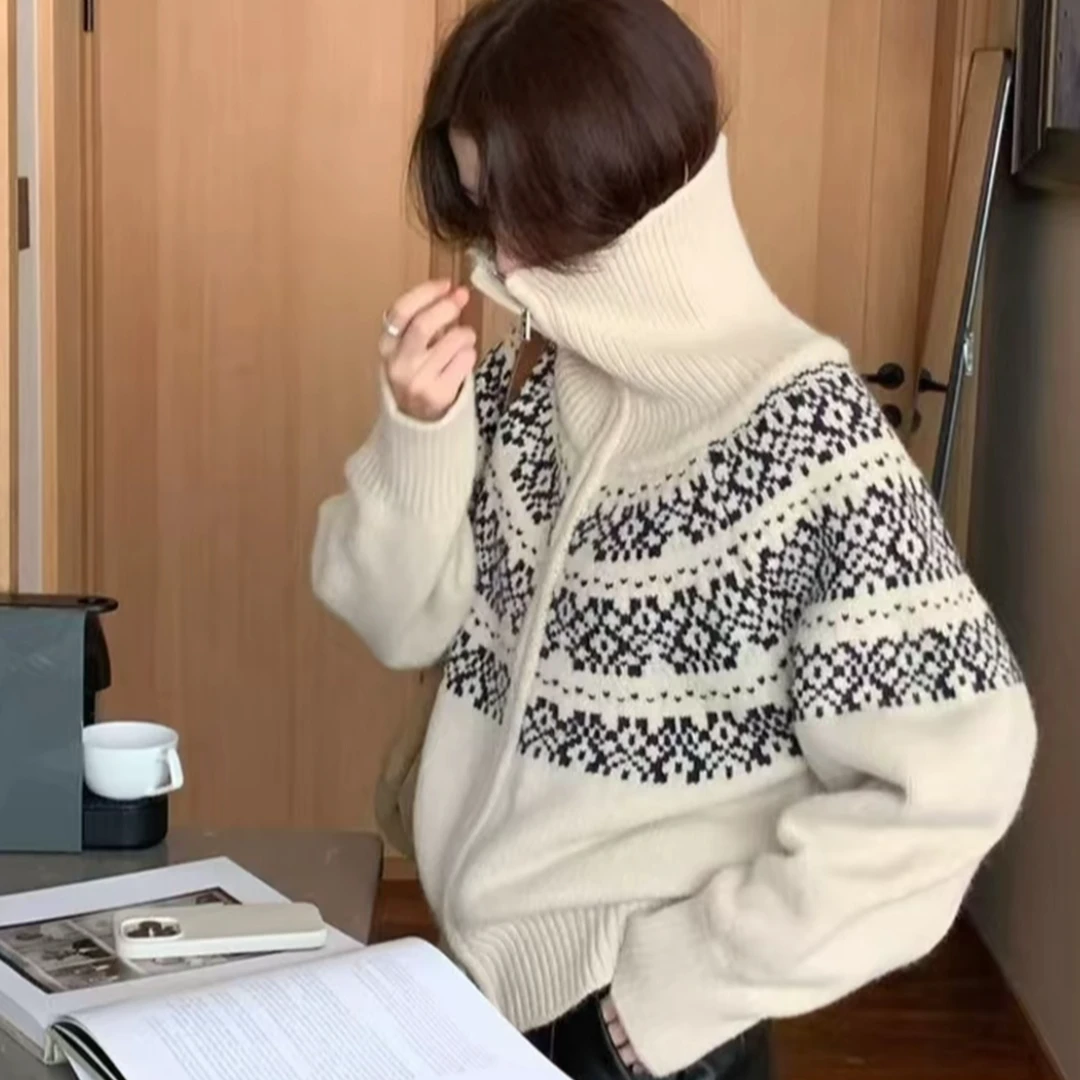 时尚慵懒风针织开衫女2025冬季新款韩版小个子复古宽松毛衣外套潮