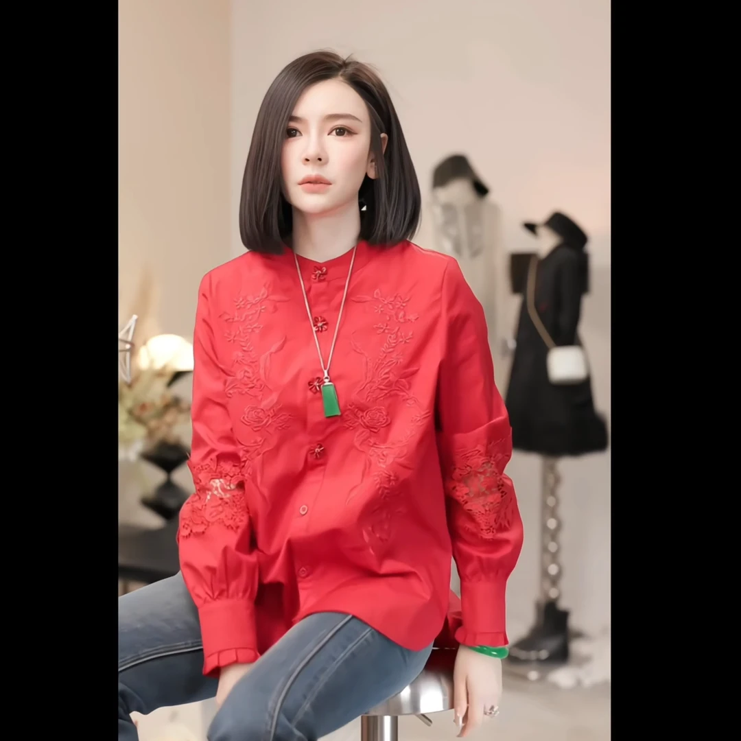 【燕子设计师品牌】春夏设计感重工刺绣拼蕾丝花边立领衬衫22077 Q