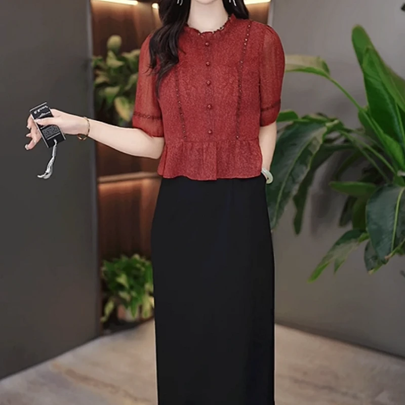 2025夏季新款时尚优雅高贵气质黑红两色拼接中国风端庄遮肚连衣裙